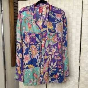 Johnny Was Floral Patchwork Button Down Blouse Boho Long Sleeve Size XL
